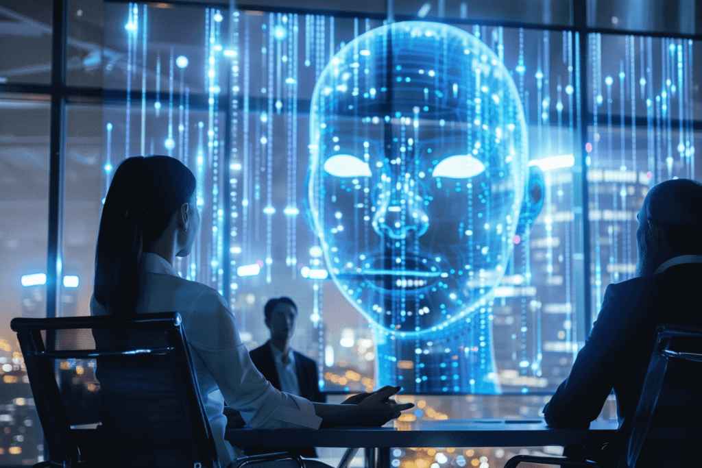 People-Sitting-and-Looking-at-a-Big-AI-Screen People Sitting and Looking at a Big AI Screen