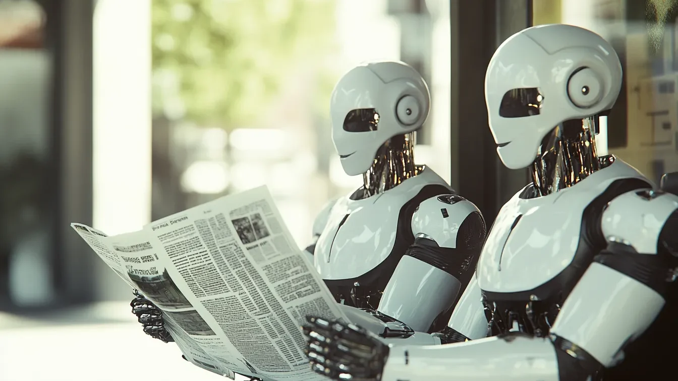 Two Robots Reading a Newsletter