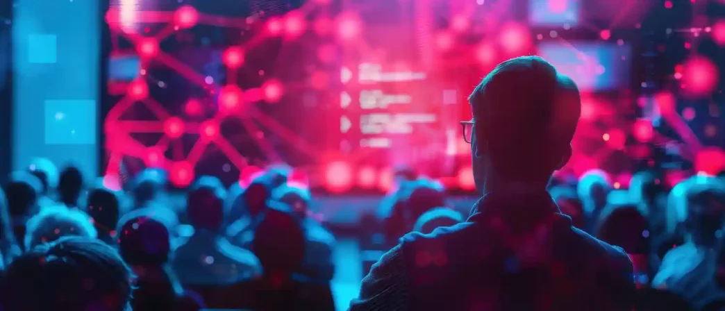 Delegates attending a large European AI conference in a modern convention center in 2026