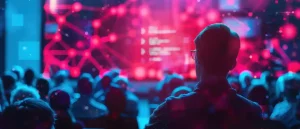 Delegates attending a large European AI conference in a modern convention center in 2026