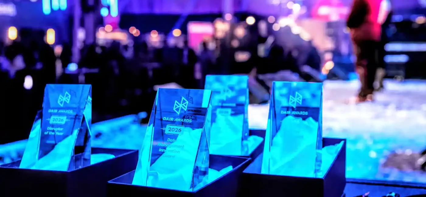 he 2026 Nordic Data and AI Readiness (DAIR) Award trophies on display at Kistamässan in Stockholm.