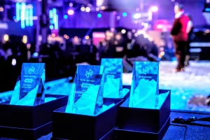 he 2026 Nordic Data and AI Readiness (DAIR) Award trophies on display at Kistamässan in Stockholm.