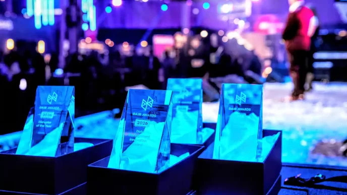 he 2026 Nordic Data and AI Readiness (DAIR) Award trophies on display at Kistamässan in Stockholm.
